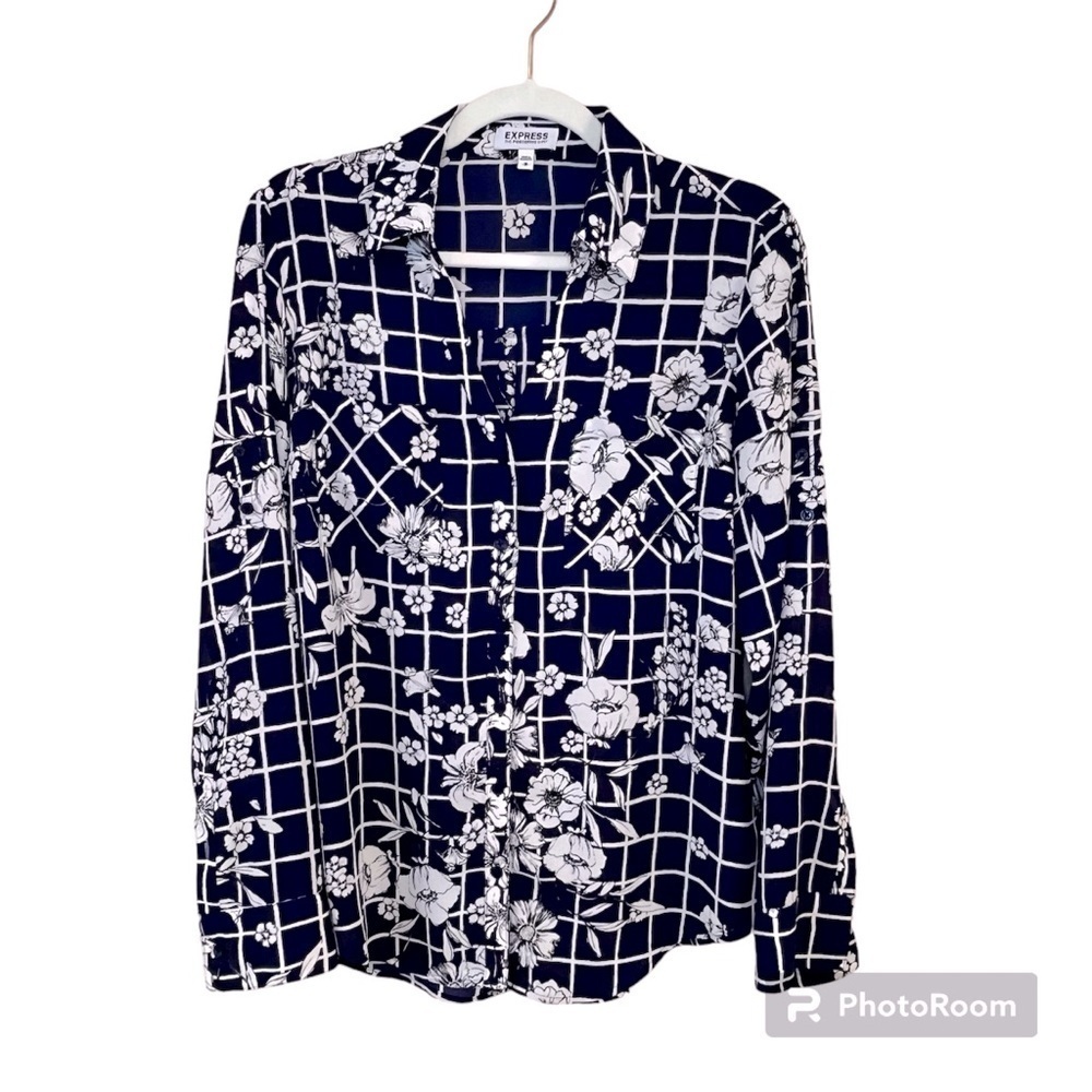 Express Portofino Shirt, Button Up , blue Floral Top, Roll Tab Sleeves, Size M